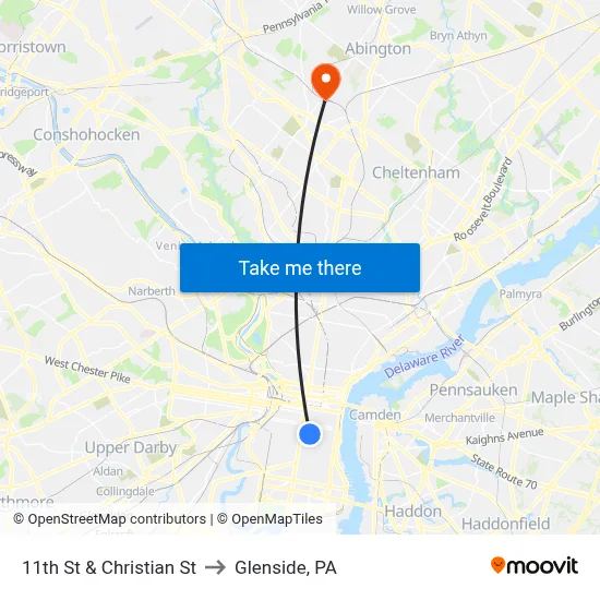 11th St & Christian St to Glenside, PA map
