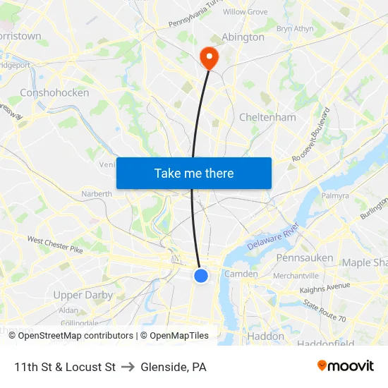 11th St & Locust St to Glenside, PA map