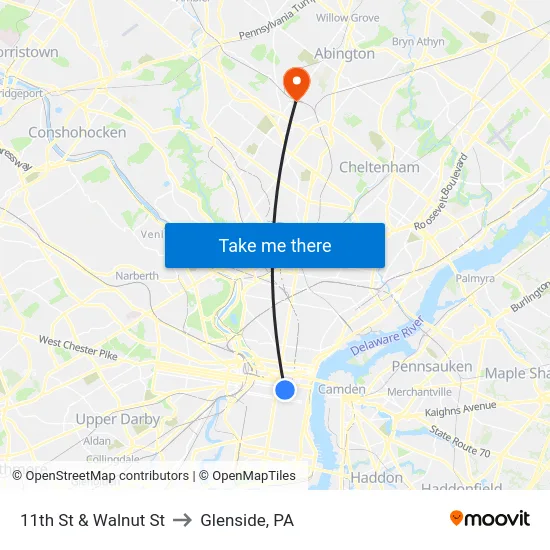 11th St & Walnut St to Glenside, PA map