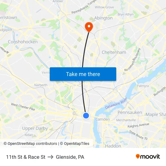 11th St & Race St to Glenside, PA map