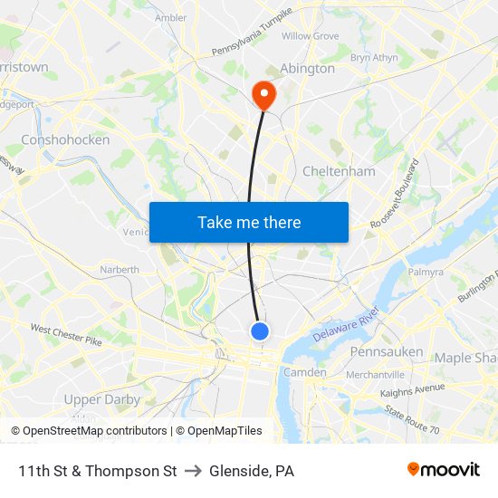 11th St & Thompson St to Glenside, PA map
