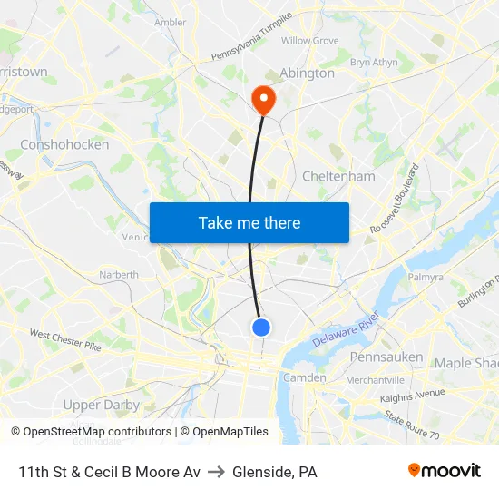 11th St & Cecil B Moore Av to Glenside, PA map