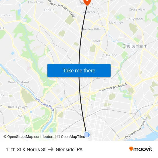 11th St & Norris St to Glenside, PA map
