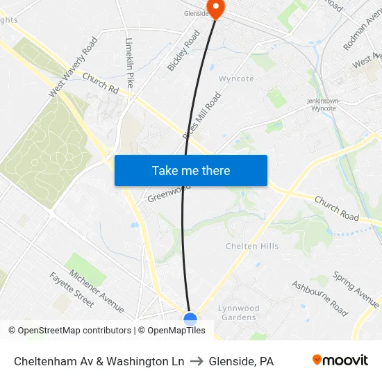 Cheltenham Av & Washington Ln to Glenside, PA map
