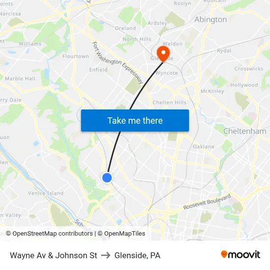 Wayne Av & Johnson St to Glenside, PA map