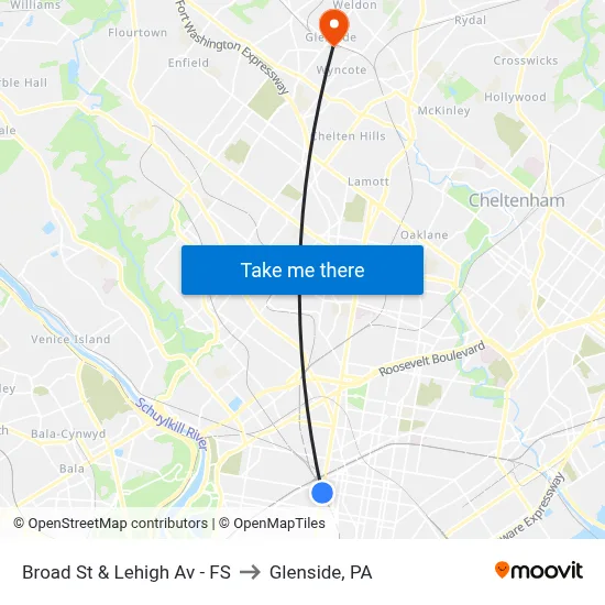 Broad St & Lehigh Av - FS to Glenside, PA map