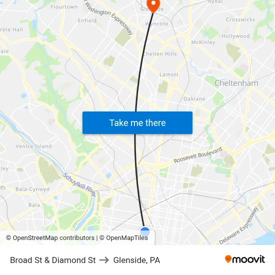 Broad St & Diamond St to Glenside, PA map