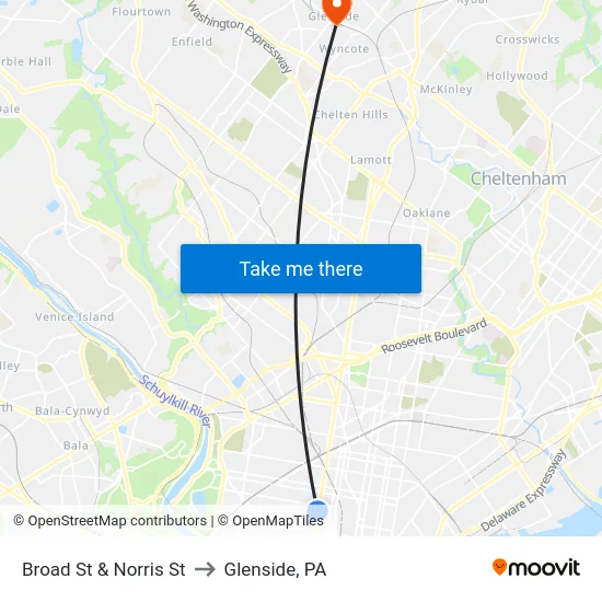 Broad St & Norris St to Glenside, PA map