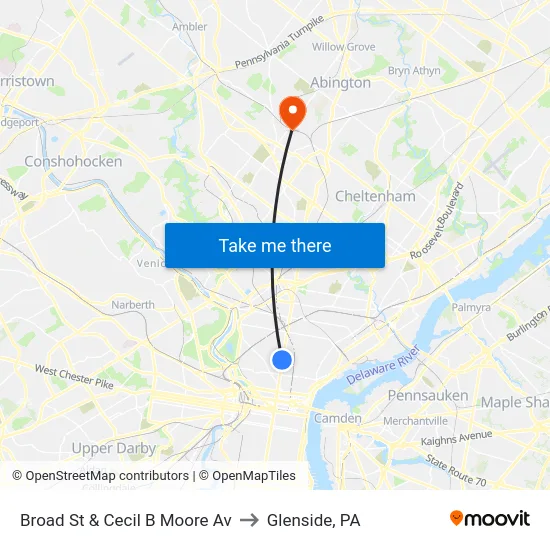 Broad St & Cecil B Moore Av to Glenside, PA map
