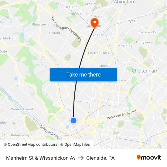 Manheim St & Wissahickon Av to Glenside, PA map