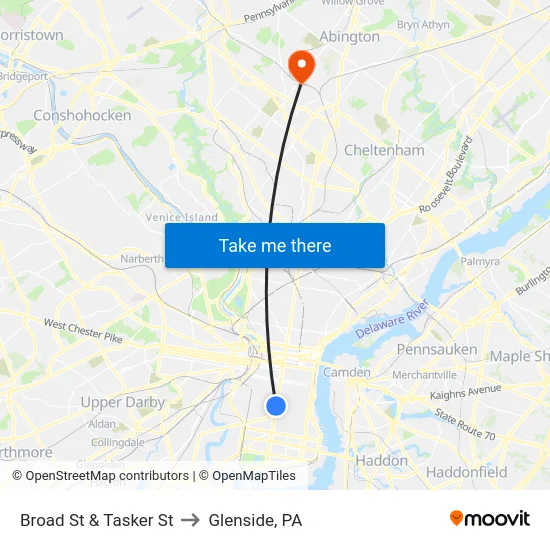 Broad St & Tasker St to Glenside, PA map