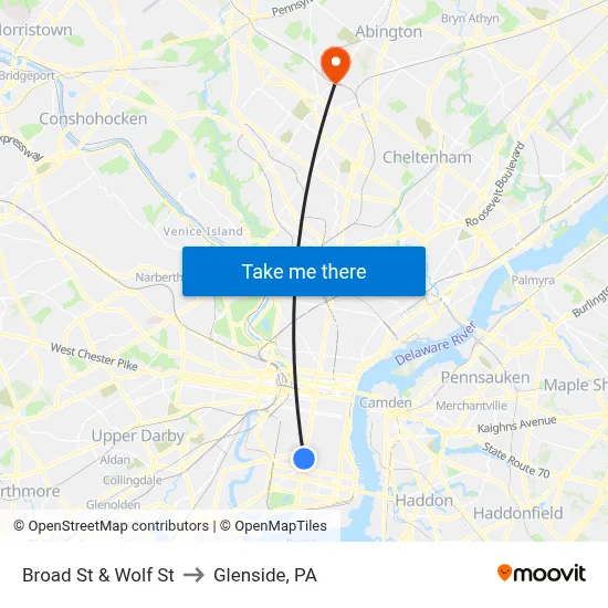 Broad St & Wolf St to Glenside, PA map