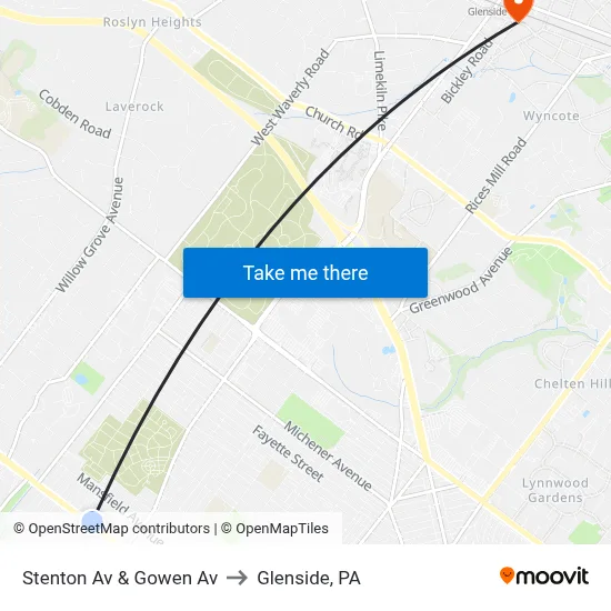 Stenton Av & Gowen Av to Glenside, PA map