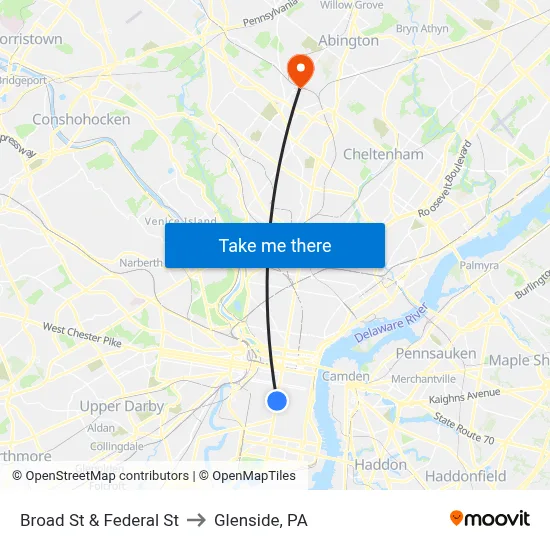 Broad St & Federal St to Glenside, PA map