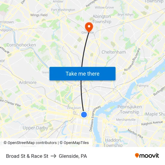 Broad St & Race St to Glenside, PA map