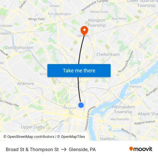 Broad St & Thompson St to Glenside, PA map