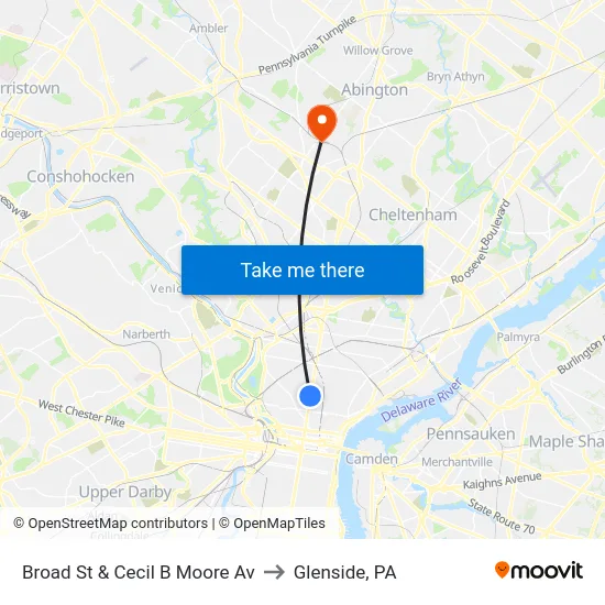 Broad St & Cecil B Moore Av to Glenside, PA map