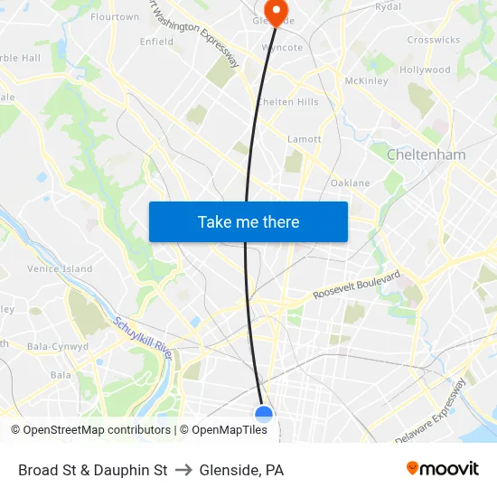 Broad St & Dauphin St to Glenside, PA map