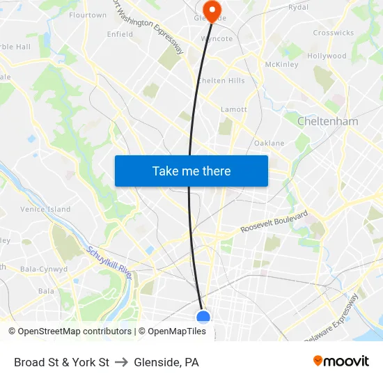 Broad St & York St to Glenside, PA map