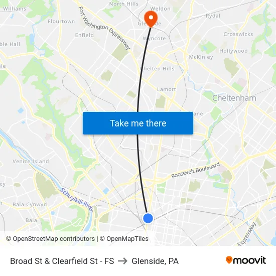 Broad St & Clearfield St - FS to Glenside, PA map