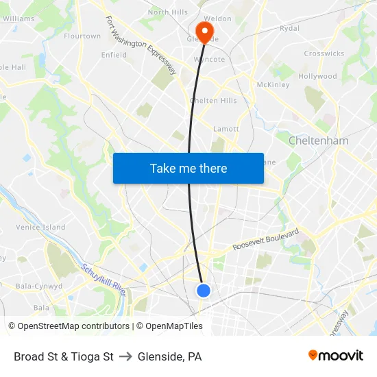 Broad St & Tioga St to Glenside, PA map