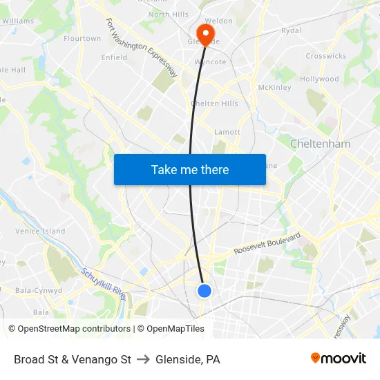 Broad St & Venango St to Glenside, PA map