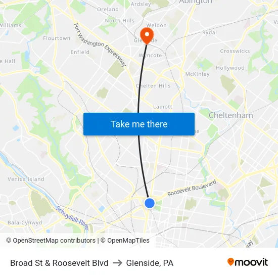 Broad St & Roosevelt Blvd to Glenside, PA map