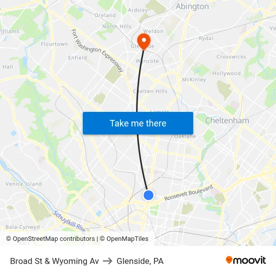Broad St & Wyoming Av to Glenside, PA map