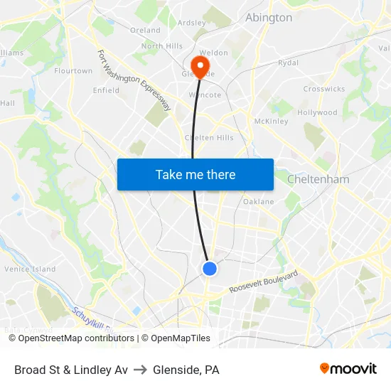 Broad St & Lindley Av to Glenside, PA map