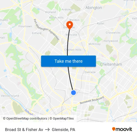 Broad St & Fisher Av to Glenside, PA map