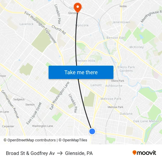 Broad St & Godfrey Av to Glenside, PA map