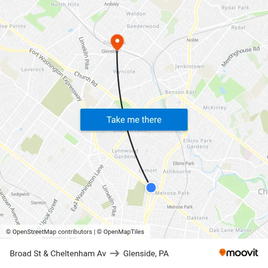 Broad St & Cheltenham Av to Glenside, PA map