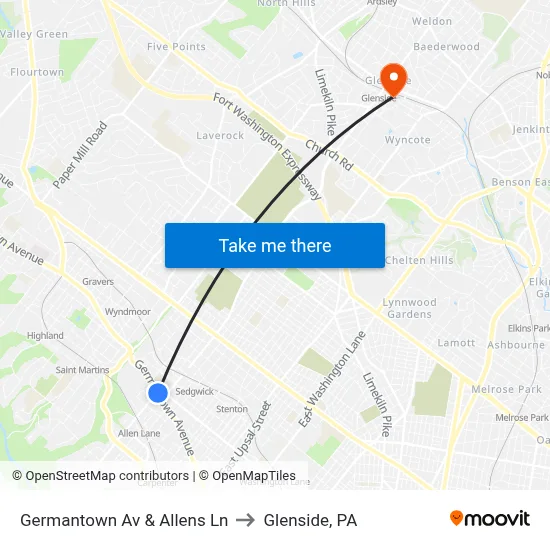 Germantown Av & Allens Ln to Glenside, PA map