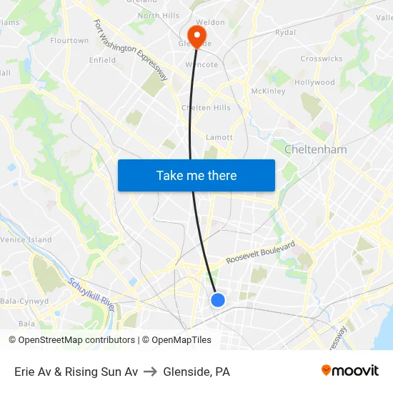 Erie Av & Rising Sun Av to Glenside, PA map