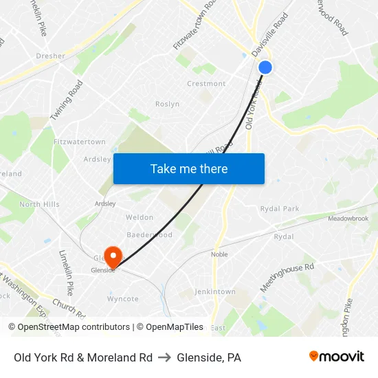 Old York Rd & Moreland Rd to Glenside, PA map
