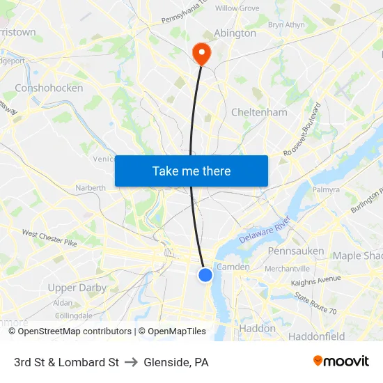 3rd St & Lombard St to Glenside, PA map
