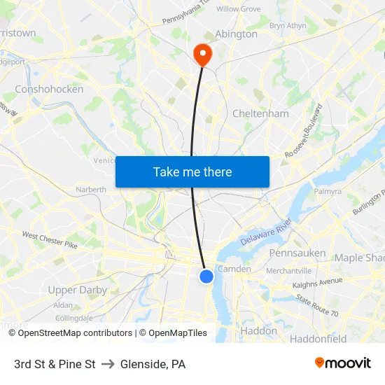 3rd St & Pine St to Glenside, PA map