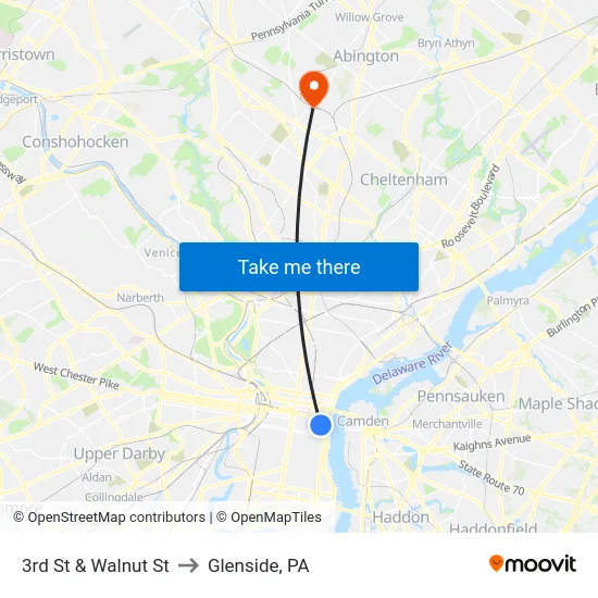 3rd St & Walnut St to Glenside, PA map