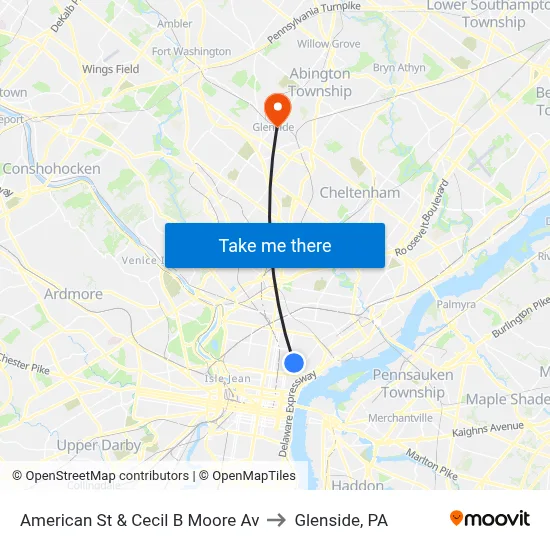 American St & Cecil B Moore Av to Glenside, PA map