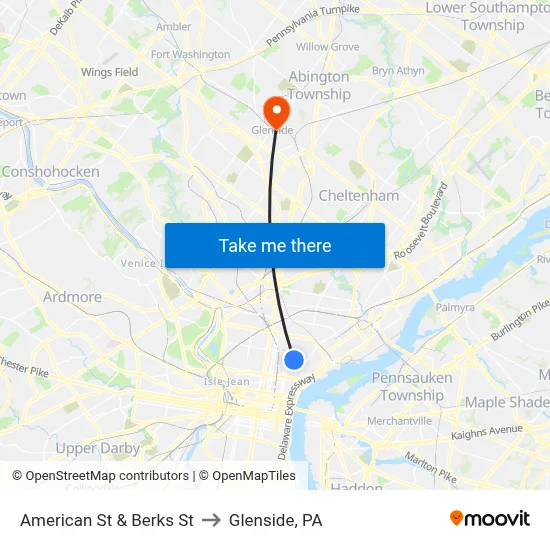 American St & Berks St to Glenside, PA map