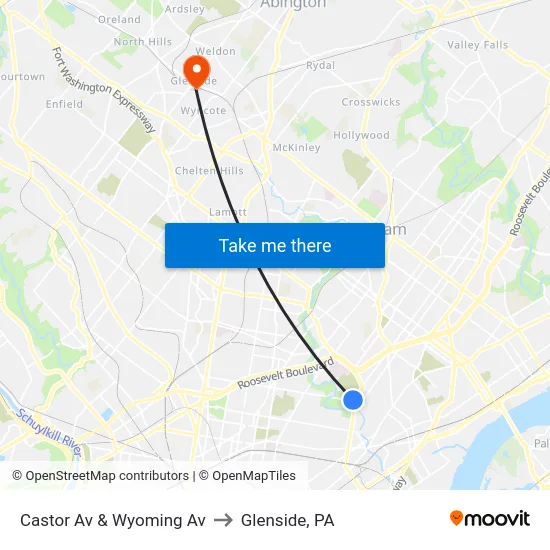 Castor Av & Wyoming Av to Glenside, PA map