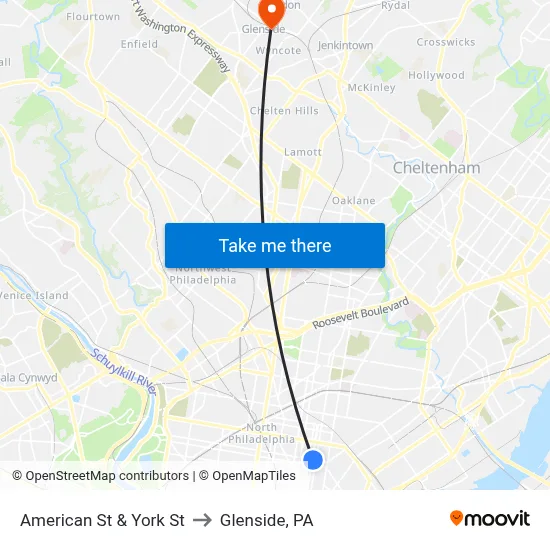 American St & York St to Glenside, PA map