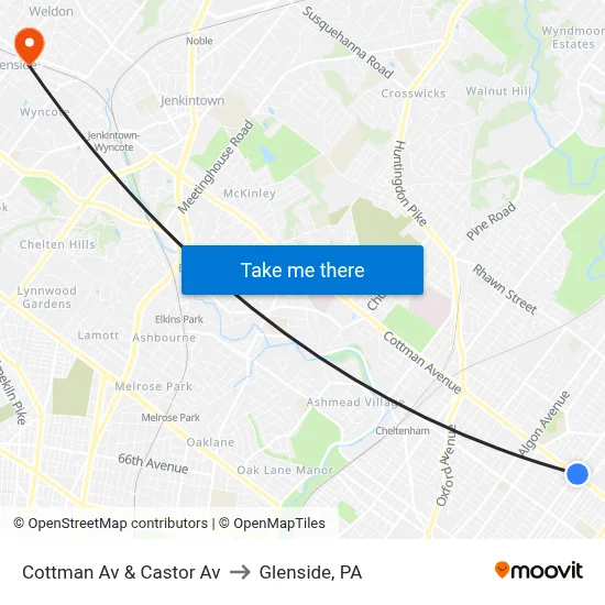 Cottman Av & Castor Av to Glenside, PA map