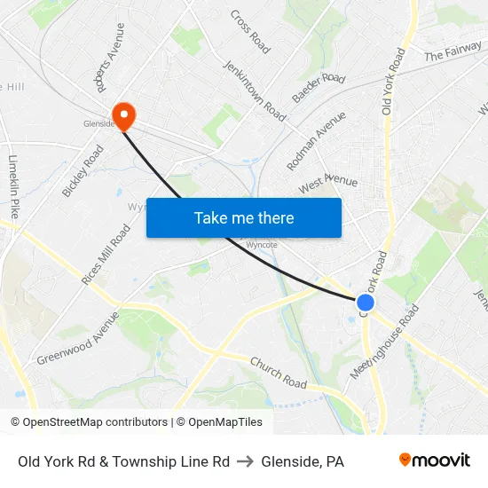 Old York Rd & Township Line Rd to Glenside, PA map