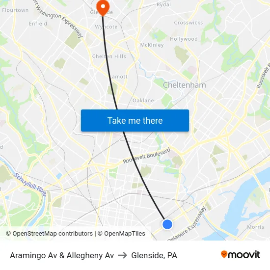 Aramingo Av & Allegheny Av to Glenside, PA map