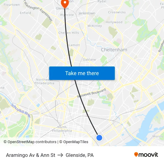 Aramingo Av & Ann St to Glenside, PA map