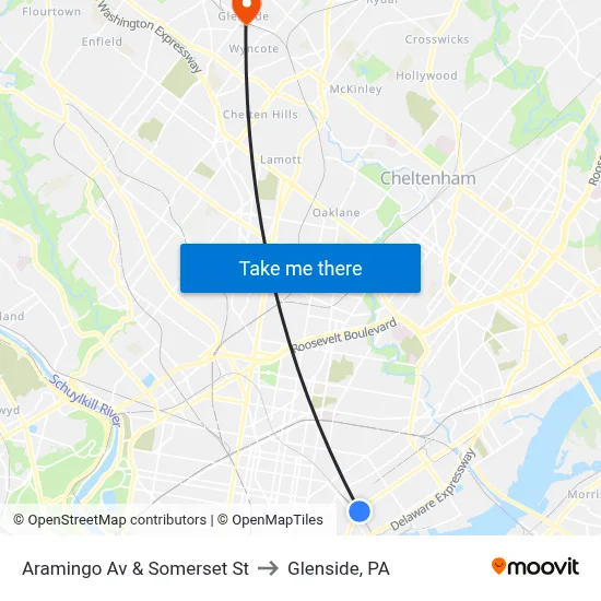 Aramingo Av & Somerset St to Glenside, PA map