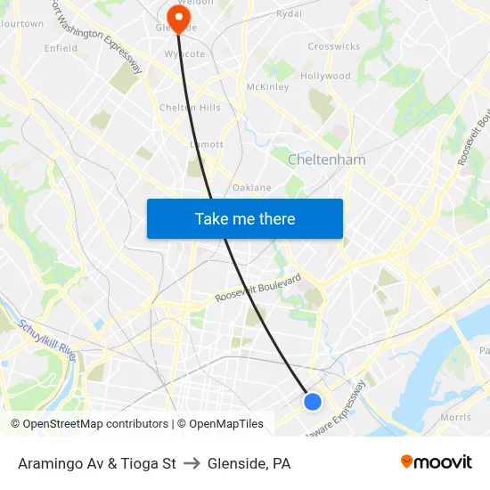 Aramingo Av & Tioga St to Glenside, PA map