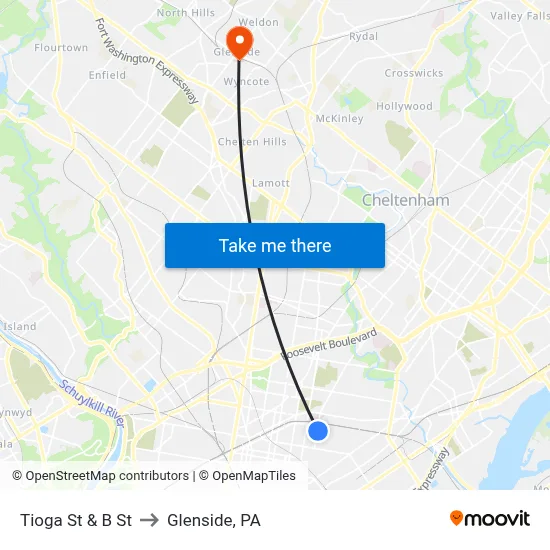 Tioga St & B St to Glenside, PA map