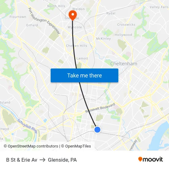 B St & Erie Av to Glenside, PA map